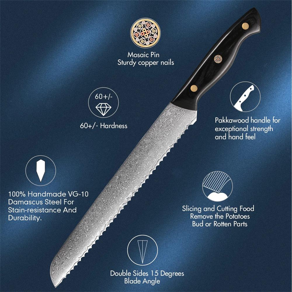 Professional Bread Knife 67 Layer Damascus Steel Kitchen VG10 Core Serrated Slicing Utility Knife Food Knife Cake Knife Tools