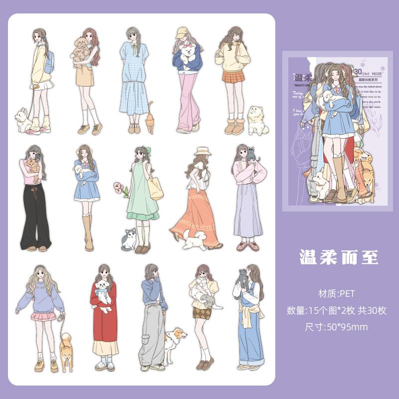 30 Sheets Girl Holding Flowers Character Stickers Kawaii Anime Style Self-Adhesive For Journal Scrapbook DIY Decoration