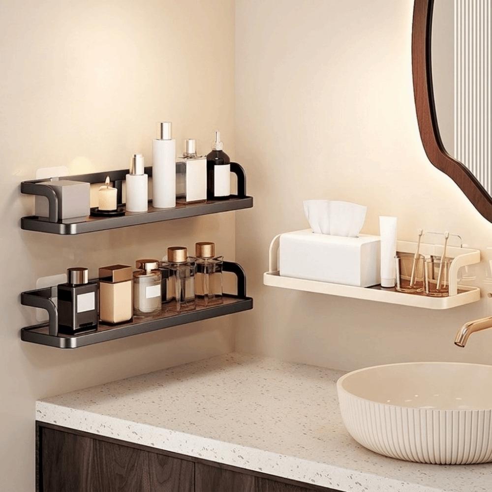Carbon Steel Wall Mounted Storage Shelf No Drill Bathroom Shelves Makeup Organizer for Kitchen