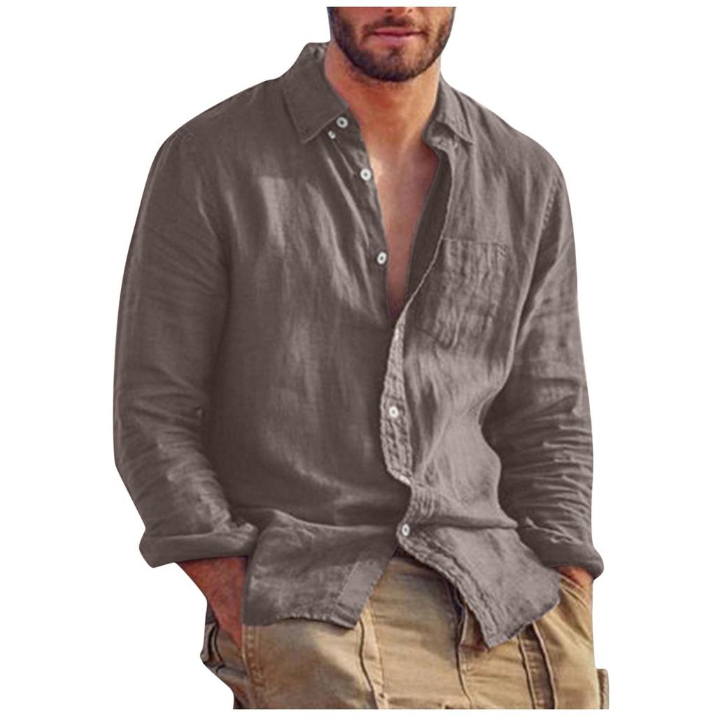 Мужская модная повседневная хлопковая льняная футболка с длинным рукавом, однотонная футболка, верхняя блузка