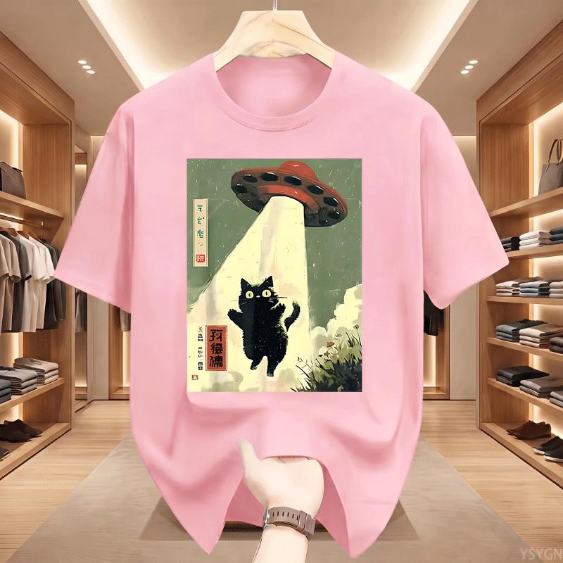 Black Cat Ufo Graphic Tshirts Japanese Cat Alien Graphic Tee Unisex Unisex Cotton Short Sleeve Printed Tshirts Streetwear Tops