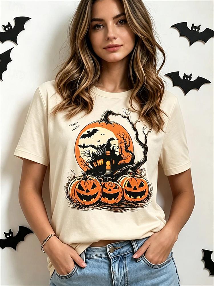 Women's Fashionable Casual Short-Sleeve Halloween T-Shirt with Spooky Skull Print and Round Neckline Perfect for Holiday Parties