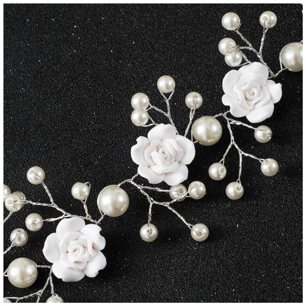 Bridal White Flower Headband Soft Ceramic Rose Headdress Pearls Hair Vine for Banquet Wedding Masquerade