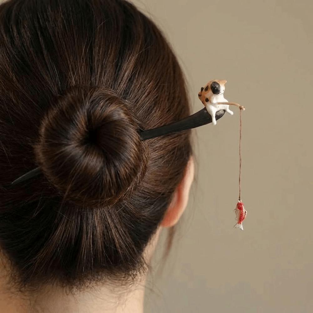 Chinese Style Wooden Hair Stick Tassel Hanfu Hairpin Antique Cat Fishing Hair Stick Girl
