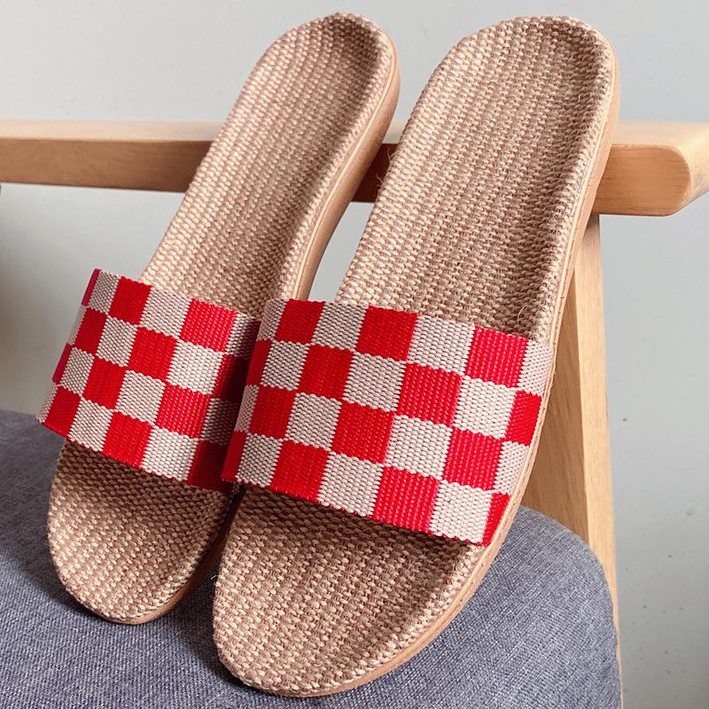 Летние модные клетчатые льняные тапочки