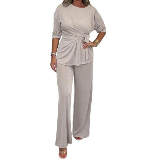 2 шт./комплект женский топ брюки костюм круглый вырез длинный рукав шнуровка