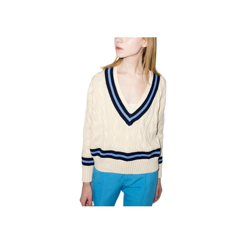 Polo Ralph Lauren Ss22 Striped V-Neck Cable Knit Pullover Sweater Women Sweater White 211838009-001