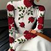 Женский элегантный топ с длинным рукавом, высоким воротником и принтом красной розы, приталенный, H-силуэта, подходит для машинной стирки, топ для весны/осени