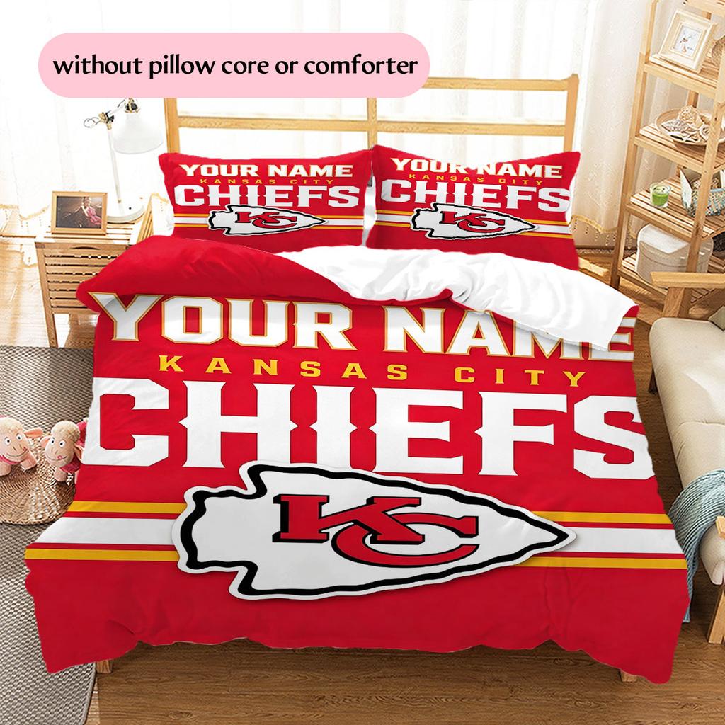 Custom Name,Kansas City Chiefs Pattern Bedding Home Decoration Birthday Gift ( 1 duvet cover + 2 pillowcase, without core),fan merchandise.