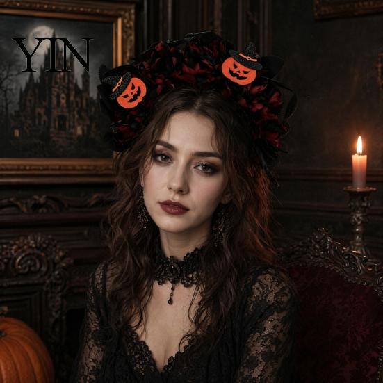 Layered Fabric Flower Headband Halloween Floral Headband, Handmade 3D Shape Widened Fit Non-slip Wide Band Hair Hoop, Non-Slip with Pumpkin