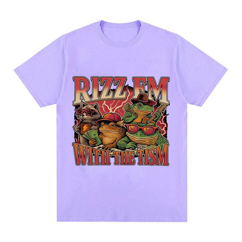 Rizz Em with The Tism Frog Band TShirt Retro Humor Funny Raccoon Meme Design T Shirt Men Women Fashion High Quality Cotton Tees