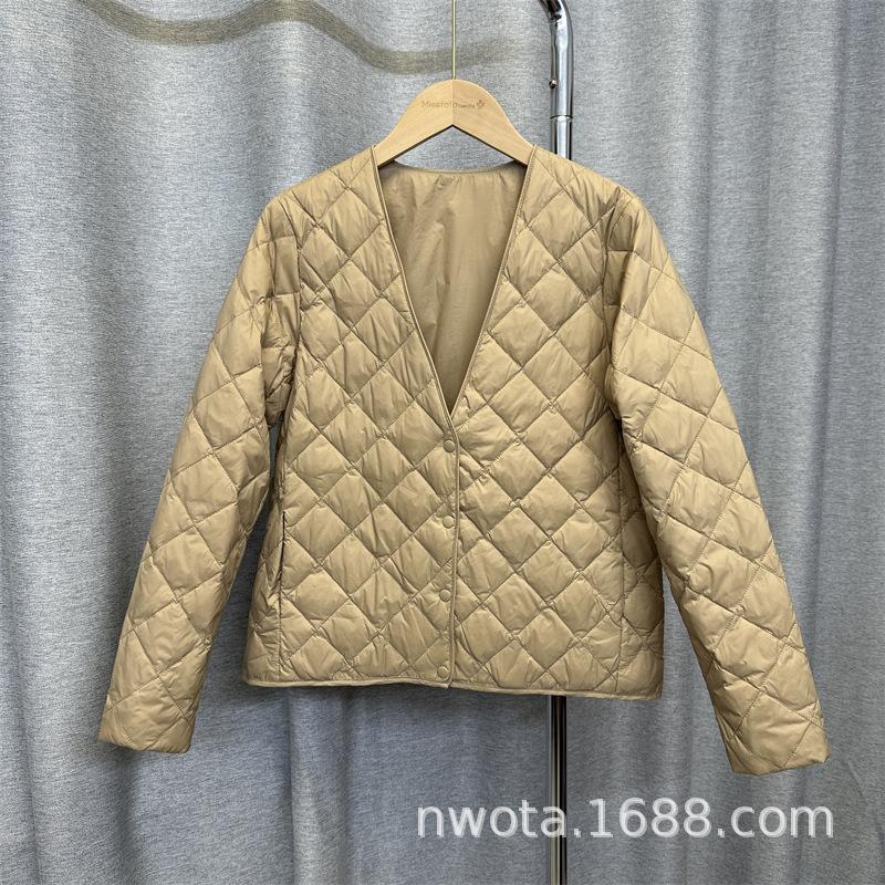 Coat with down jacket women's short autumn and winter light V-neck liner slim rhombus grid warm base tide