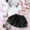 Summer Girls' Suit Small and Medium-sized Children's Doll Collar Flower Embroidery Short-sleeved Shirt Bow Short Skirt Two-piece Suit