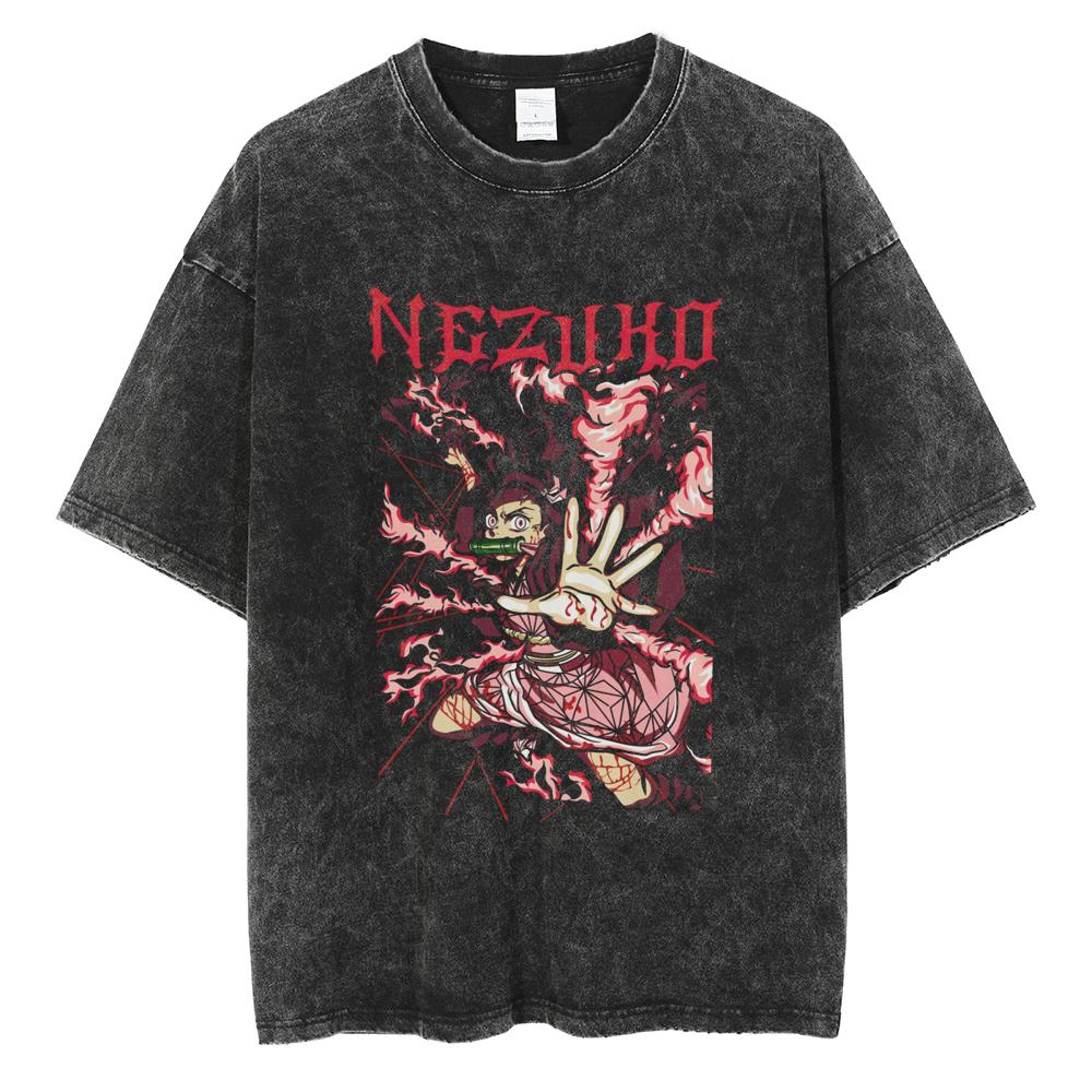 Anime Demon Slayer Tanjirou Nezuko Zenitsu Inosuke Cute Graphic Tshirt Men Women Washed Cotton T-shirts Harajuku Male Manga Tops