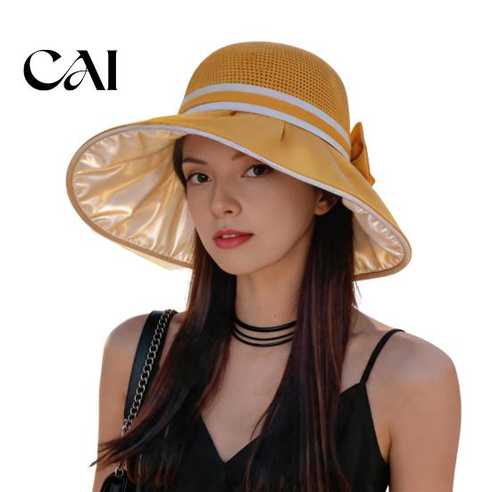 UV Protection Summer Hat Women Hollow Knit Bucket Hat, Wide Brim Sun Stylish Beach Accessories Foldable Caps for Commute Outdoor Fashion Bowknot