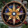 Boho Compass Rose Star Map Round Metal Sign Stained Glass Effect Wall Art Decor