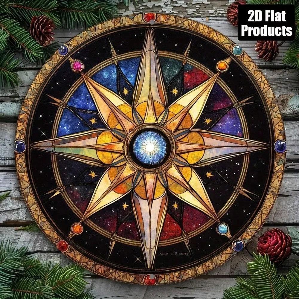 Boho Compass Rose Star Map Round Metal Sign Stained Glass Effect Wall Art Decor