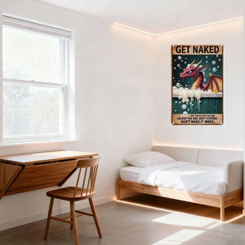 Vintage Red Dragon Bubble Bath Metal Tin Sign, Yellow Rubber Duck Teal Background 'GET NAKED' Whimsical Poster for Man Cave Bar