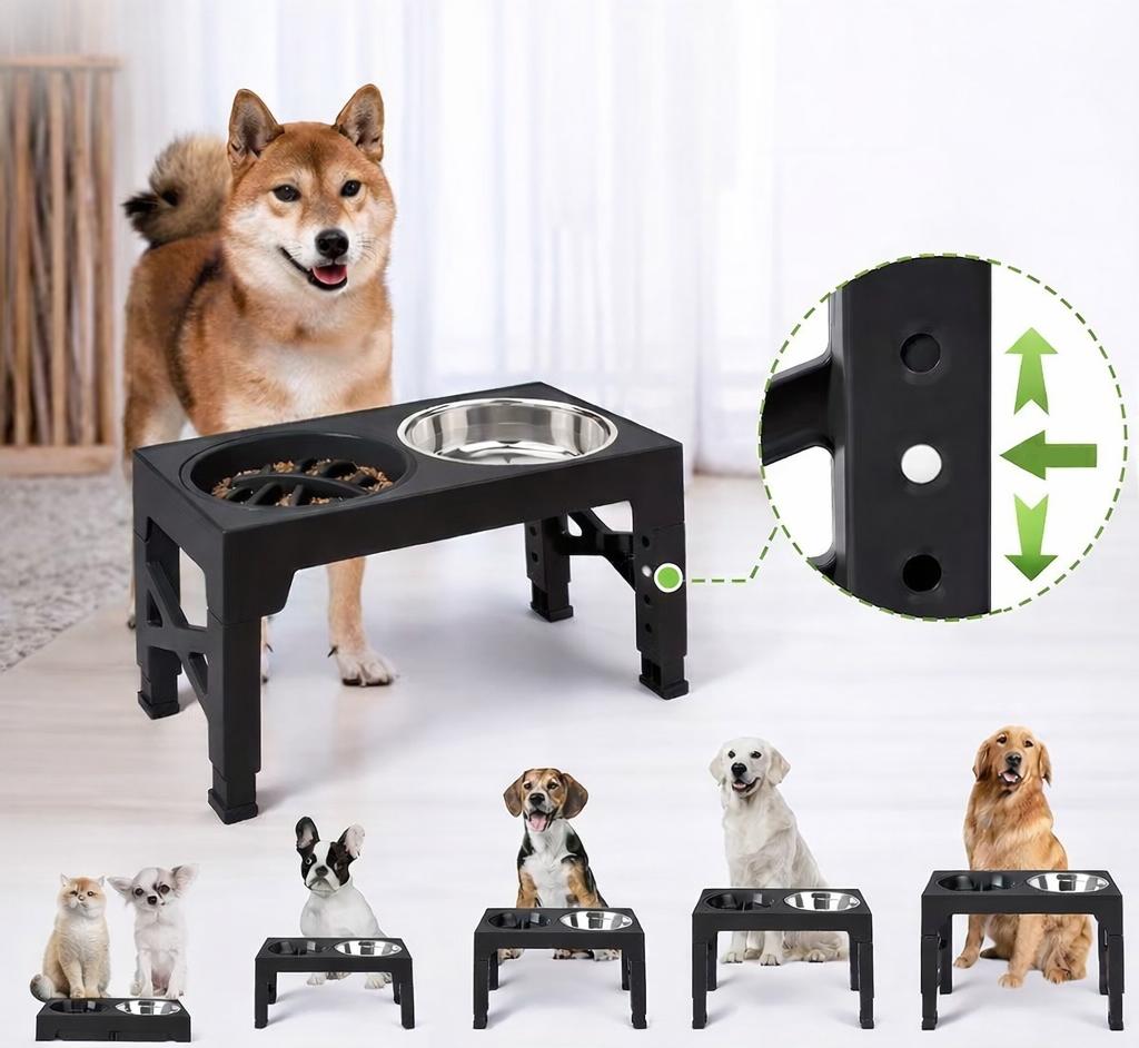 Double bowl on a stand that slows down eating FOR DOGS, adjustable 3in1