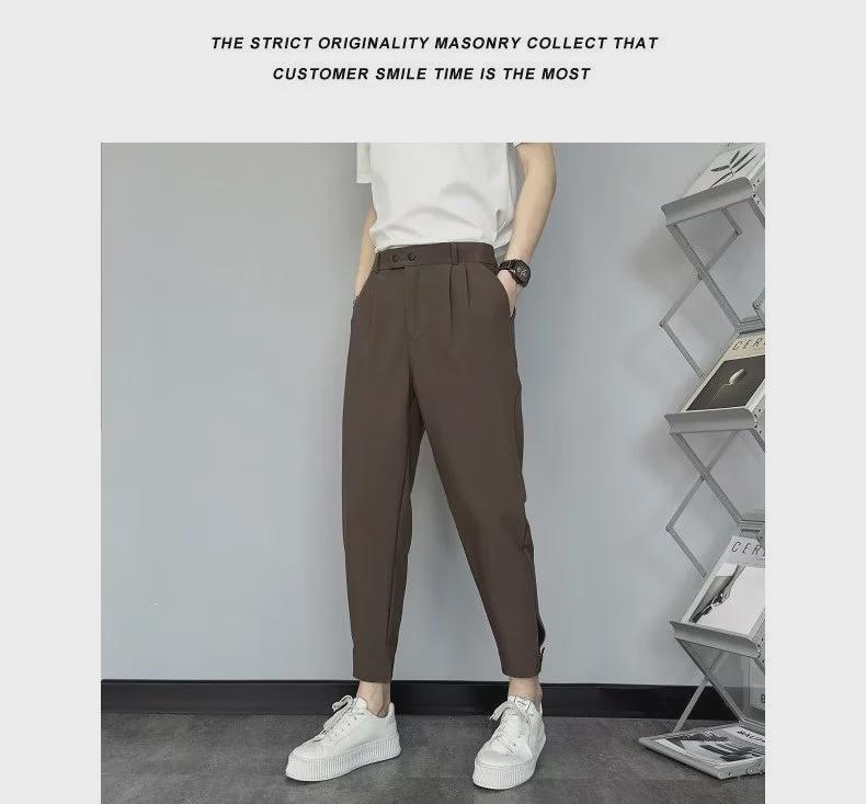 Men's Trendy Korean Style Slim Fit Nine-Point Suit Pants for Spring and Summer
