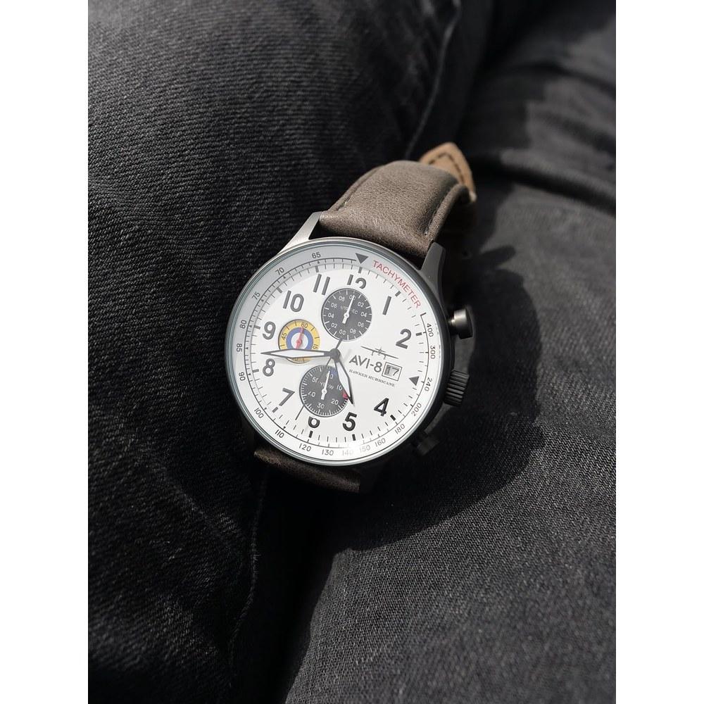 AVI-8 Hawker Hurricane Classic Chronograph Watch 43.5mm Stainless Steel Case Tachymeter Date Mineral Glass 5 ATM Water Resistant 22mm Leather Band