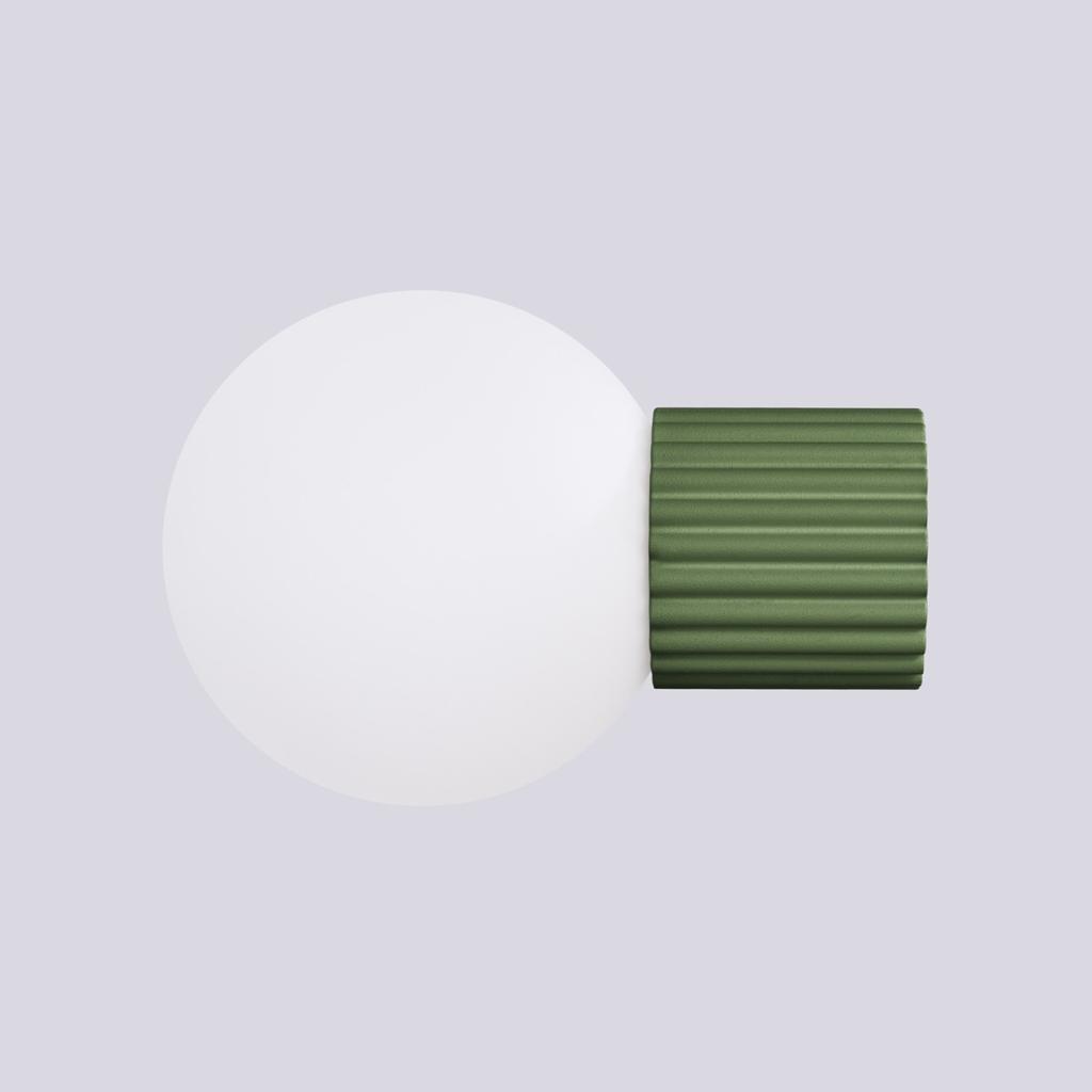 Modern olive green wall sconce with grooved body and white glass ball for bathroom or hallway 1xG9 8W IP44 HALO Sollux Lighting