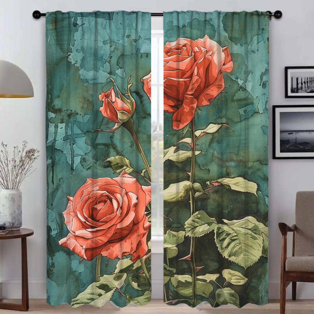 Retro Flower Curtains for Living Room Curtain for Room 2 Panel Shades Halloween Decoration Home Interior Curtains Partition