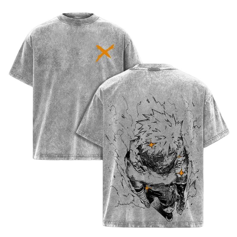 My Hero Academia Bakugou Katsuki Manga T Shirt Vintage Washed Men Women Clothing Casual Oversized Short Sleeve Cotton Tees Tops