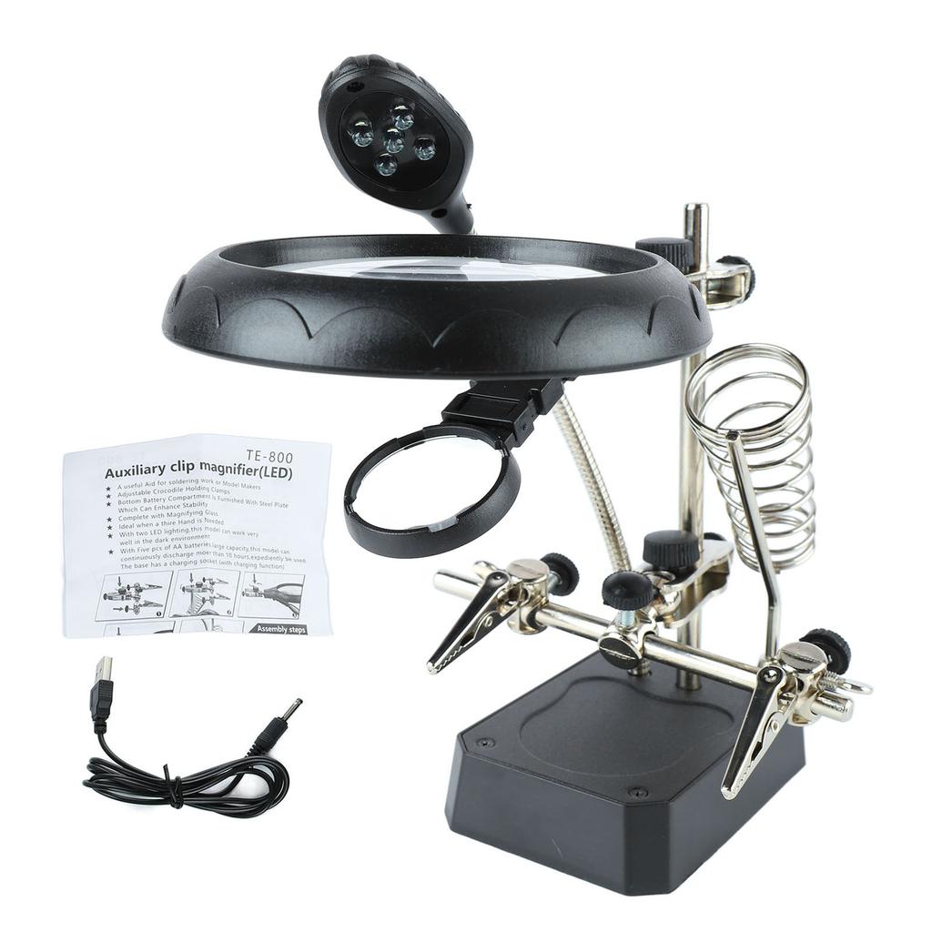 Увеличительное стекло, светодиодная настольная лампа с увеличительным стеклом и вспомогательными зажимами для осмотра и ремонта