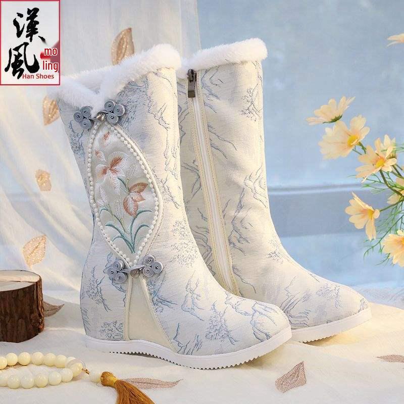 Вышитые зимние сапоги до колена в стиле ханьфу: Этнический стиль, Плюшевый хлопок, Внутреннее увеличение высоты