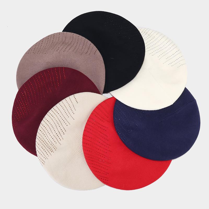 Autumn Winter Ladies Beret Cap With Knit Fabric And Sparkling Details For Stylish Wear
