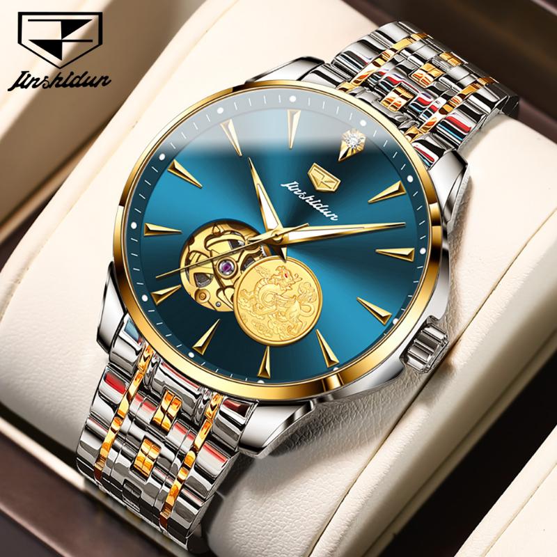 JINSHIDUN Новые деловые и развлекательные мужские часы полностью автоматические механические часы Pixiu Hollow Tourbillon модные трендовые высококачественные мужские часы