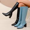 Патентованная кожа Блок-каблук Высокие ботинки Осень Новые Квадратный носок Вставки Боковая молния Мягкие Слипоны Одинарные