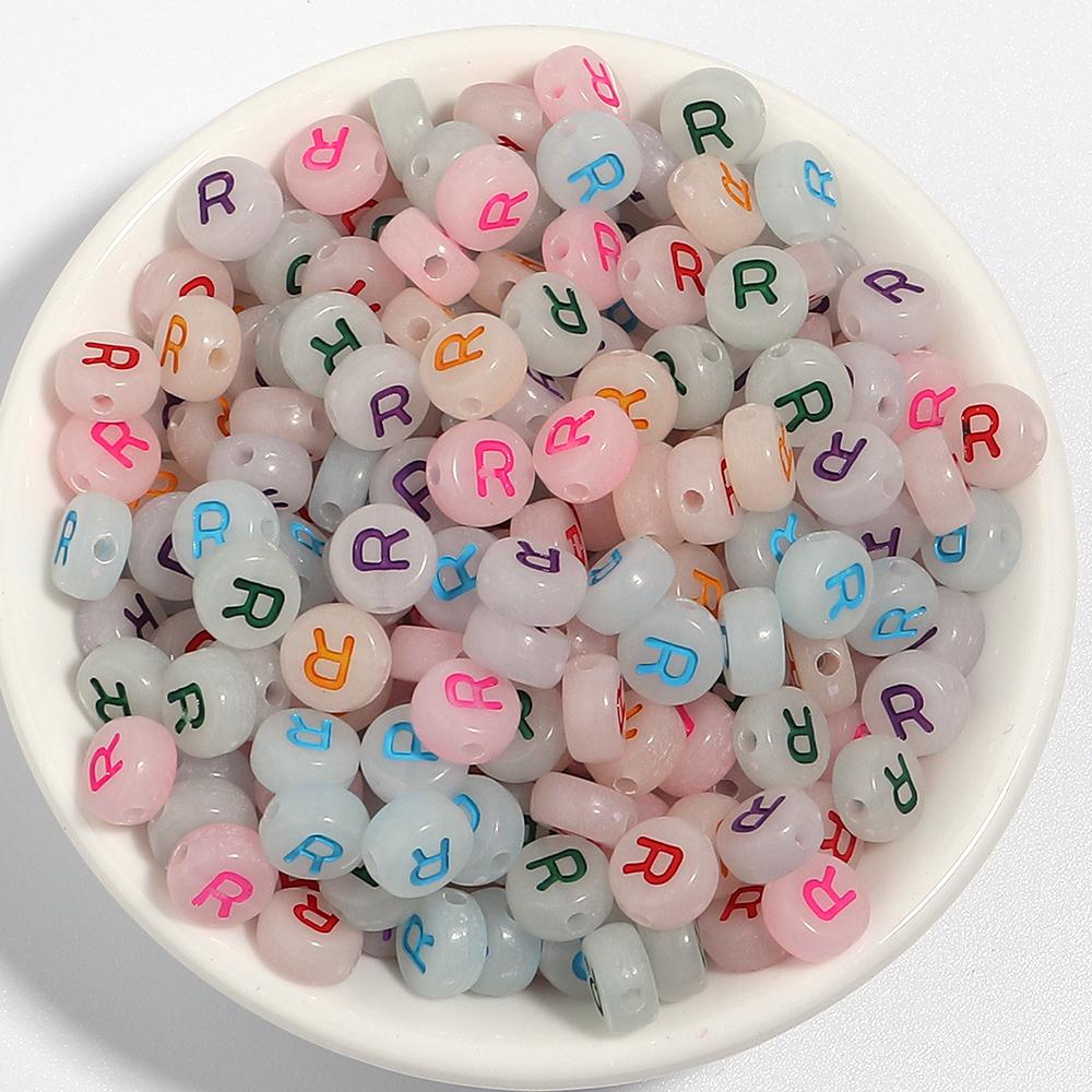 100Pcs/Lot 7mm Acrylic Luminous Beads Translucent Colorful Letter A-Z Flat Round Beads Diy Fashion Bracelet Necklace Jewelry