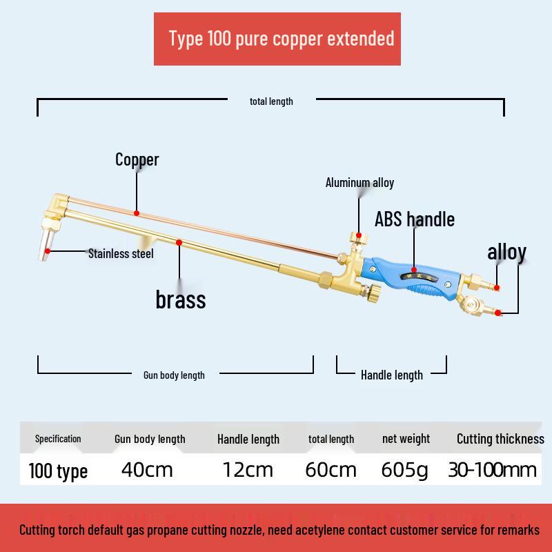 All-Copper Stainless Steel Extended & Thickened Oxygen Acetylene Cutting/Welding Torch Injector, Model G01-30/100/300.