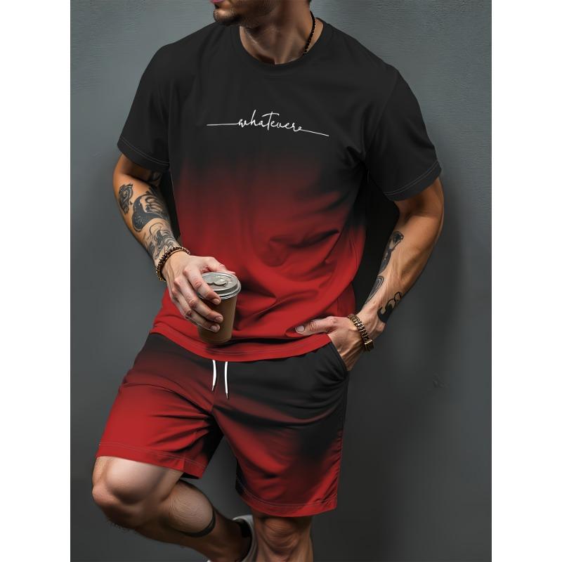 Летний мужской комплект: футболка с принтом "Париж" с коротким рукавом и шорты. Женский комплект: футболка с коротким рукавом и градиентом, шорты.
