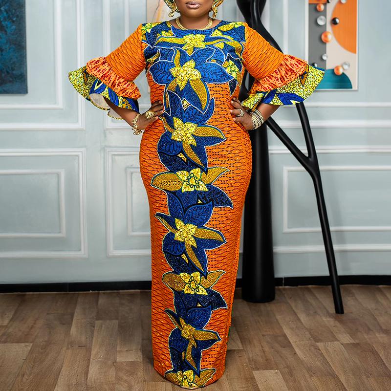 Женские платья больших размеров с круглым вырезом, расклешенные, с длинным рукавом, с принтом