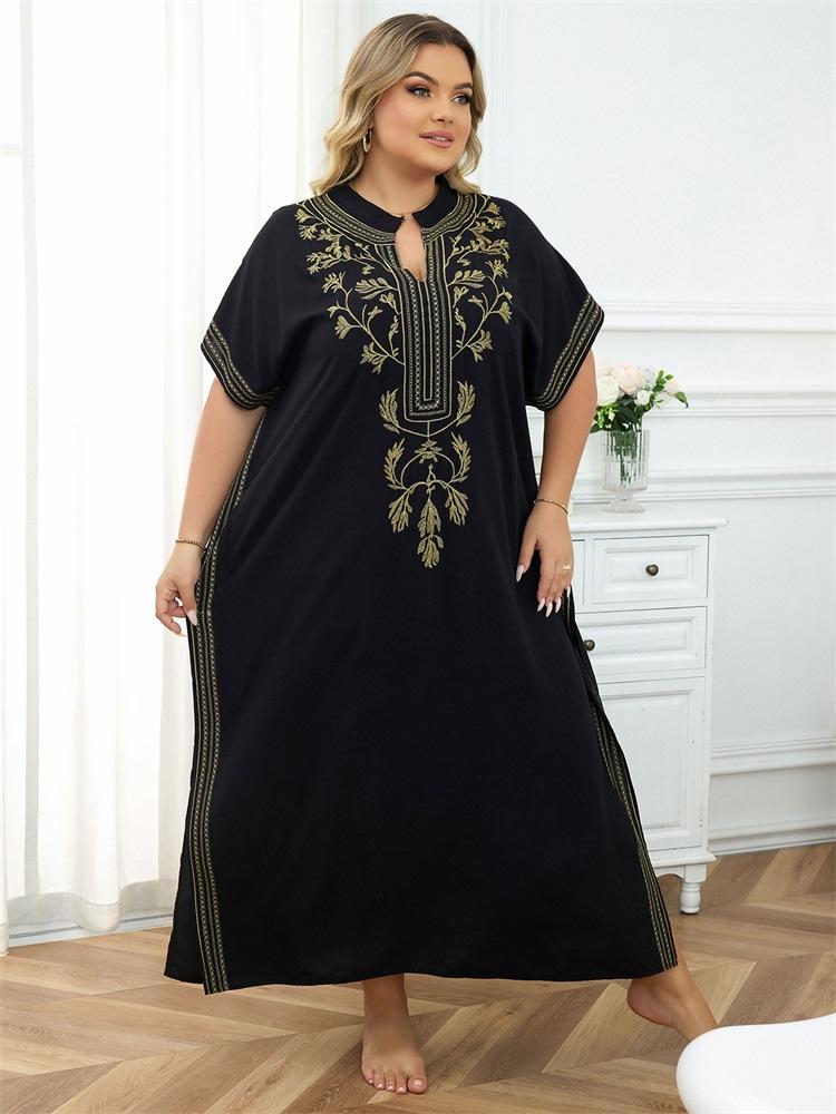 EDOLYNSA Embroidered Red Kaftan Women's Fashionable Robe Boho V-neck Batwing Sleeve Beach Maxi Dress Holiday Cozy House Robe