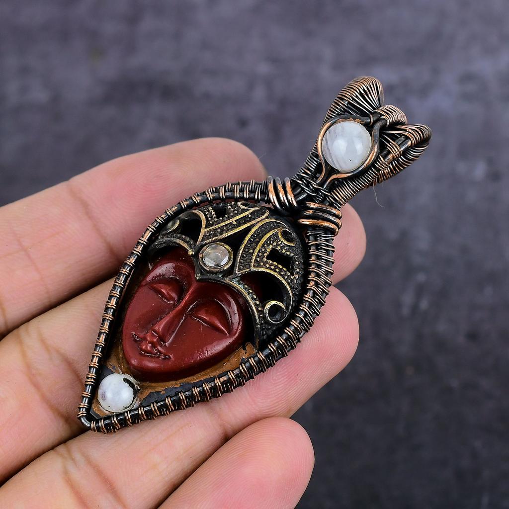 Натуральная камея, лунный камень, обмотка медной проволокой, ювелирная подвеска 2,99" c3M91