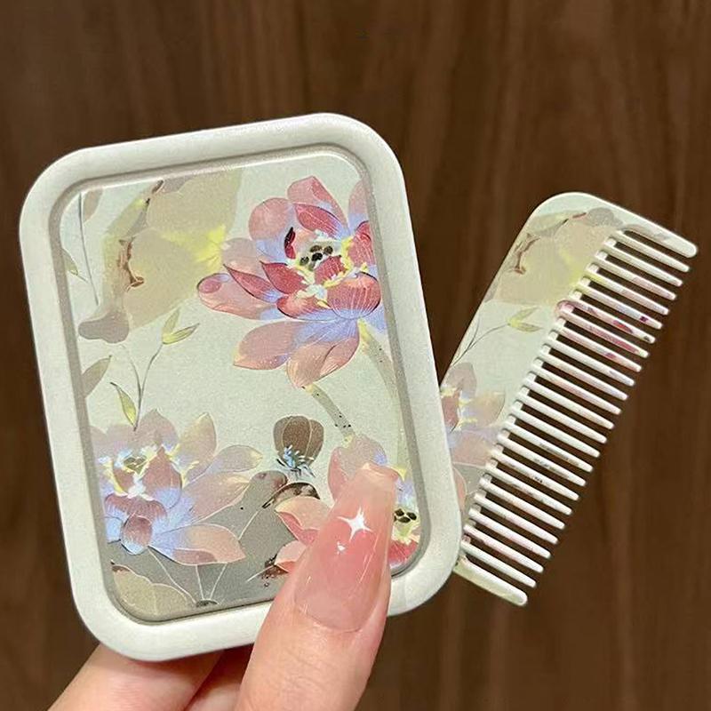 Зеркало для макияжа складное откидное 'Лотос', портативное карманное зеркало, прямоугольное косметическое зеркало с расческой для женщин, девушек, для улицы