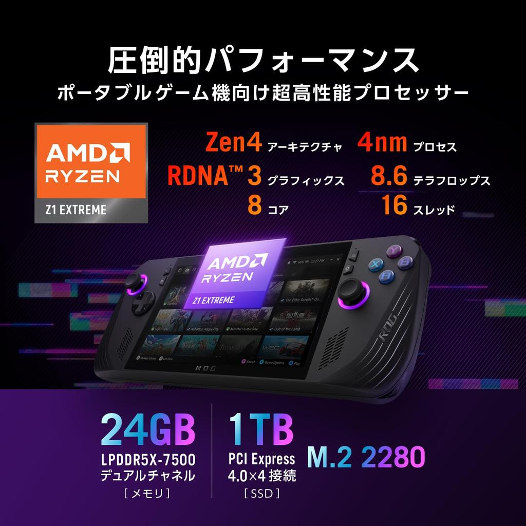 ASUS ROG Ally X RC72LA Игровой Ryzen Z1 24 ГБ 1 ТБ 120 Гц Обновление Windows Черный 7-дюймовый ПК, Экстремальный, Память, SSD, Частота, 11, Портативный, 678 г,