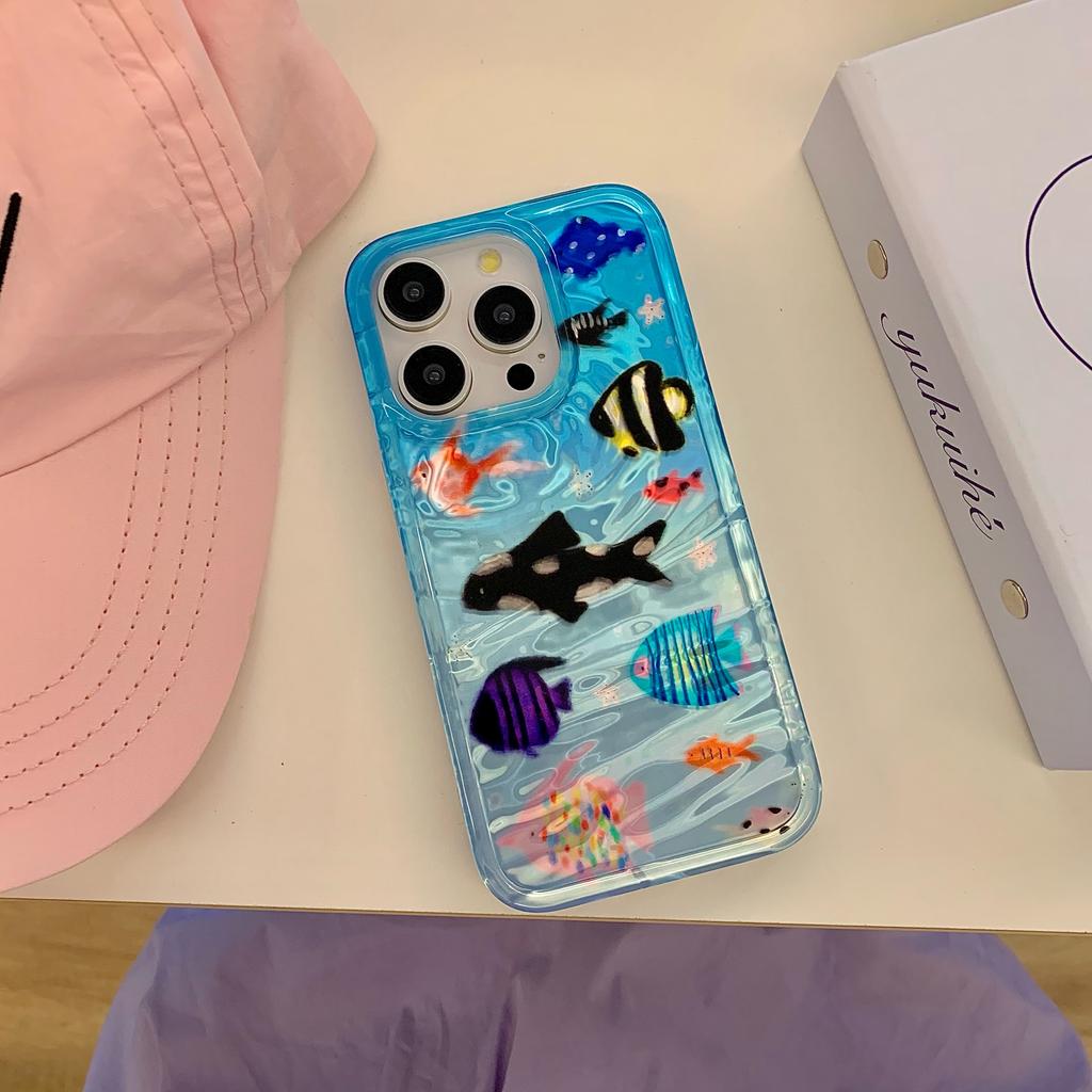 Корейский Ins Волнистая Текстура Аквариум Милые Рыбки Чехол для iPhone 17 16 15 14 13 11 Pro Max Plus Задняя Крышка Телефона для 12 Pro Max