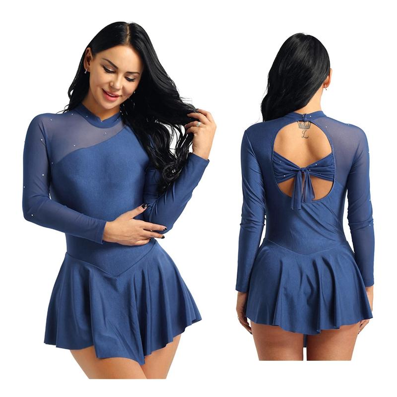 Женское платье для катания на коньках, купальник с длинным рукавом и бретелькой на шее, танцевальные платья, костюм для фигурного катания