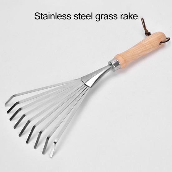 Грабли садовые из нержавеющей стали с деревянной ручкой, 9-зубчатые ручные грабли для газона, сада, цветников, листьев и мусора