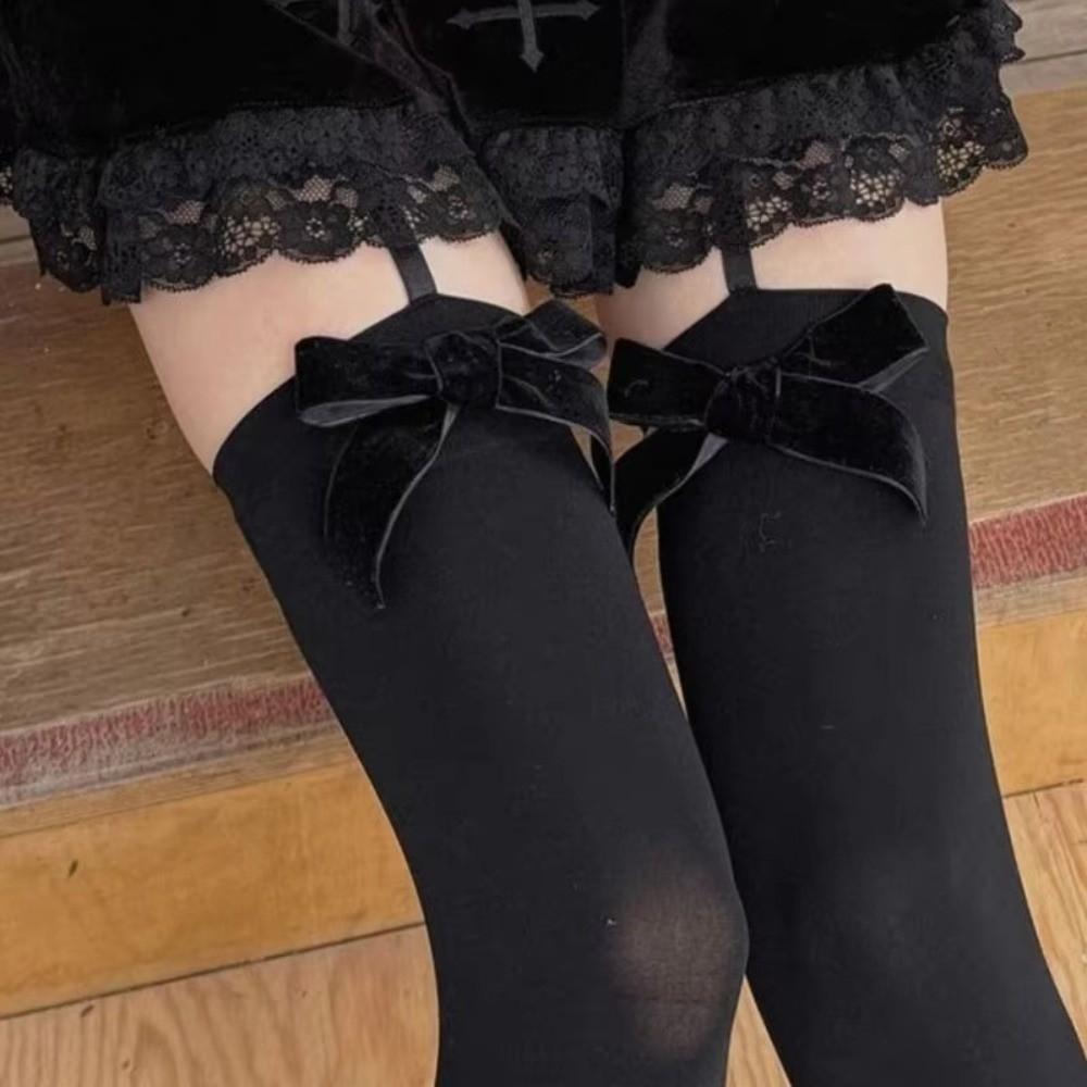 Breathable Comfortable Bowknot Suspender Stockings Lolita Style Knee High Socks  Women