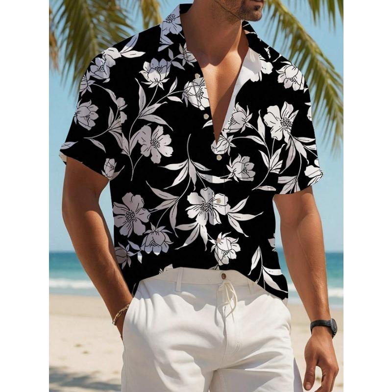 Men's Plant Print Vacation Style Short Sleeve Button-Down Shirt Outdoor Vacation Beach Summer Turndown Tee Spandex Hawaii Shirts