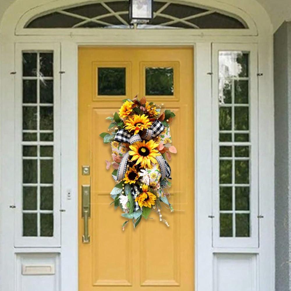 Весенний подсолнух Сваг Подвесной венок на дверь Искусственный венок из подсолнухов Летний каплевидный венок Имитация подсолнуха Подвесной венок Весенний декор