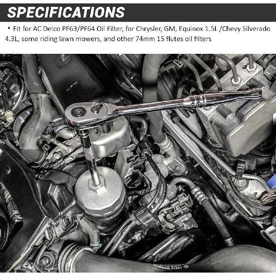 Ключ-съемник крышки масляного фильтра 73-74 мм, 15 шлицов. Головка, совместимая с масляным фильтром AC Delco PF63/PF64, для Chrysler, GM, Equinox 1.5L и Chevy