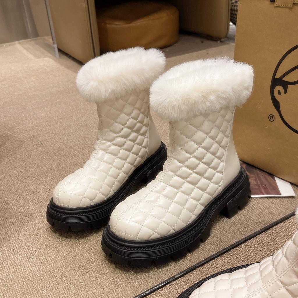 Female Shoes Platform Chunky Ladies Snow Boots Round Toe Mid Calf Half High Waterproof Chic and Elegant Pu On Promotion Slip 39