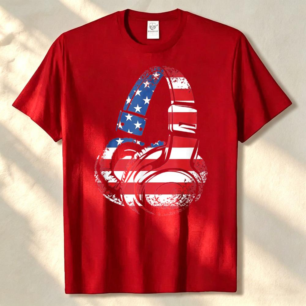 Vintage Patriotic Us Flag Headphones Graphic T Shirt Music Lover Streetwear Casual Unisex Cotton Tee Short Sleeve Summer Tops